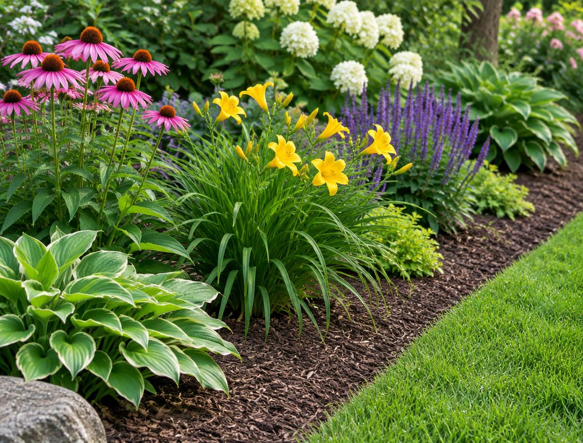 A mulched garden bed with flowering perennials next to a trimmed lawn